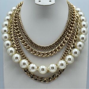 Statement Layered Gold Chain & Faux Pearl Necklace – Adjustable Length